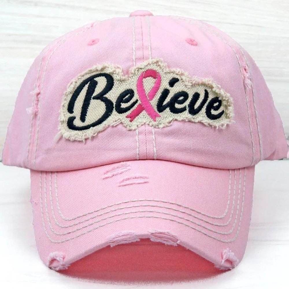 KBETHOS Pink Believe Breast Cancer Ribbon Distressed Baseball Cap Hat NWT